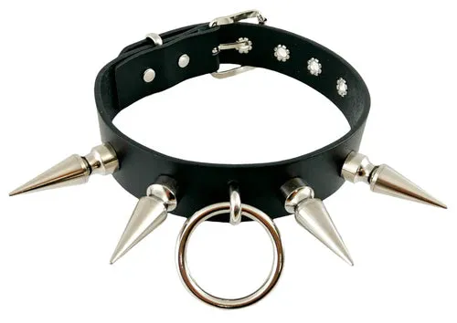 Black Leather Collar w/ Silver O Ring and 2" Spikes