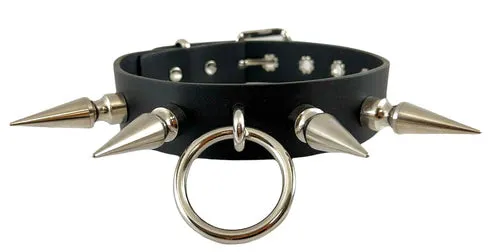 Black Leather Collar w/ Silver O Ring and 2" Spikes