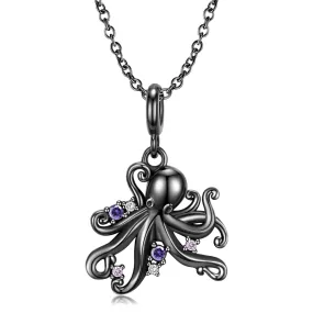 Black Octopus Pendant Zircon Silver Necklace