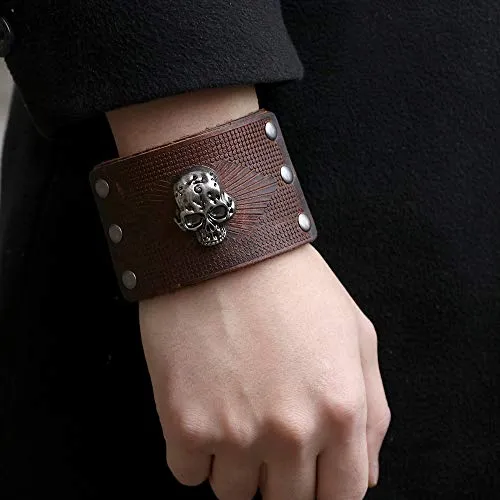 Black Punk Style Black Leather Alloy Biker Cuff Bracelet Wristband Skull Head Style Design for Men Women