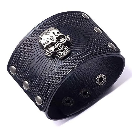 Black Punk Style Black Leather Alloy Biker Cuff Bracelet Wristband Skull Head Style Design for Men Women