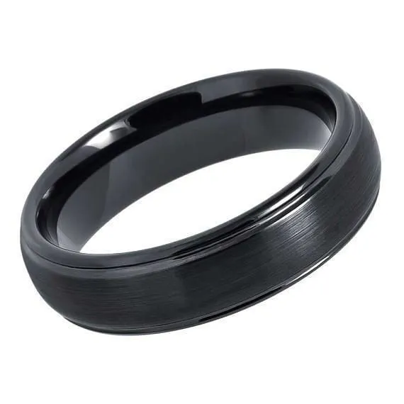 Black Tungsten Ring With Brushed Center High Polished Stepped Edges - 6mm & 8mm