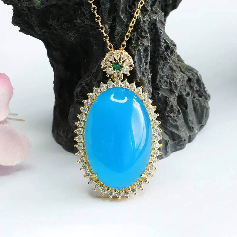 Blue Chalcedony Pendant Necklace with Zircon Halo