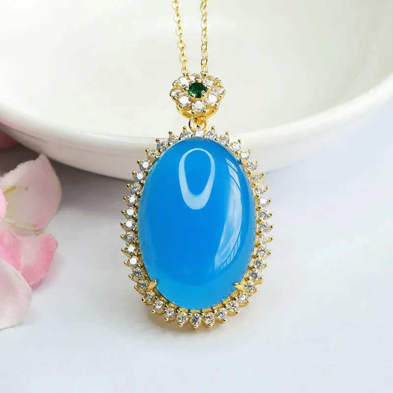 Blue Chalcedony Pendant Necklace with Zircon Halo