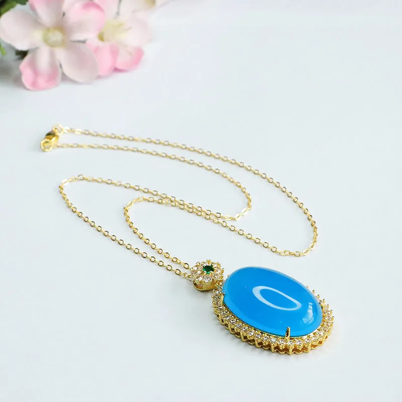 Blue Chalcedony Pendant Necklace with Zircon Halo