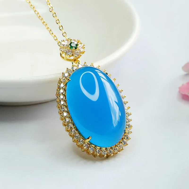 Blue Chalcedony Pendant Necklace with Zircon Halo