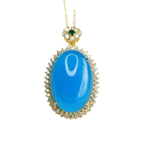 Blue Chalcedony Pendant Necklace with Zircon Halo