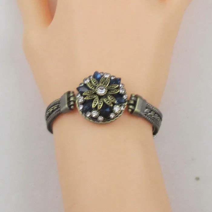 Blue Crystal & Rhinestone Antique Gold Bangle Bracelet