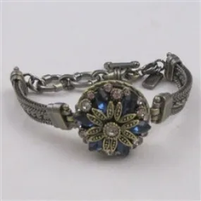 Blue Crystal & Rhinestone Antique Gold Bangle Bracelet