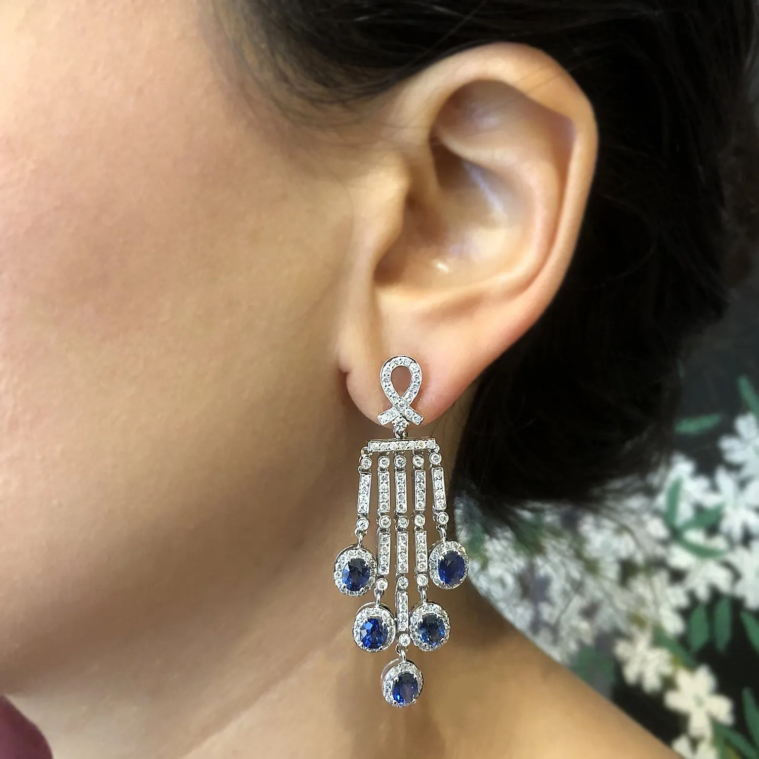 Blue Sapphire Diamond Chandelier Drop Earrings