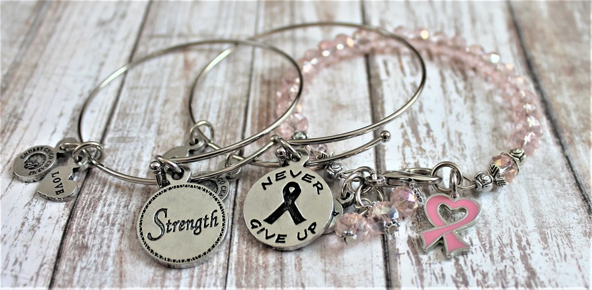 Breast Cancer Awareness Collection Splash Of Color And Adjustable Bangles - 3 Piece Bracelet Set