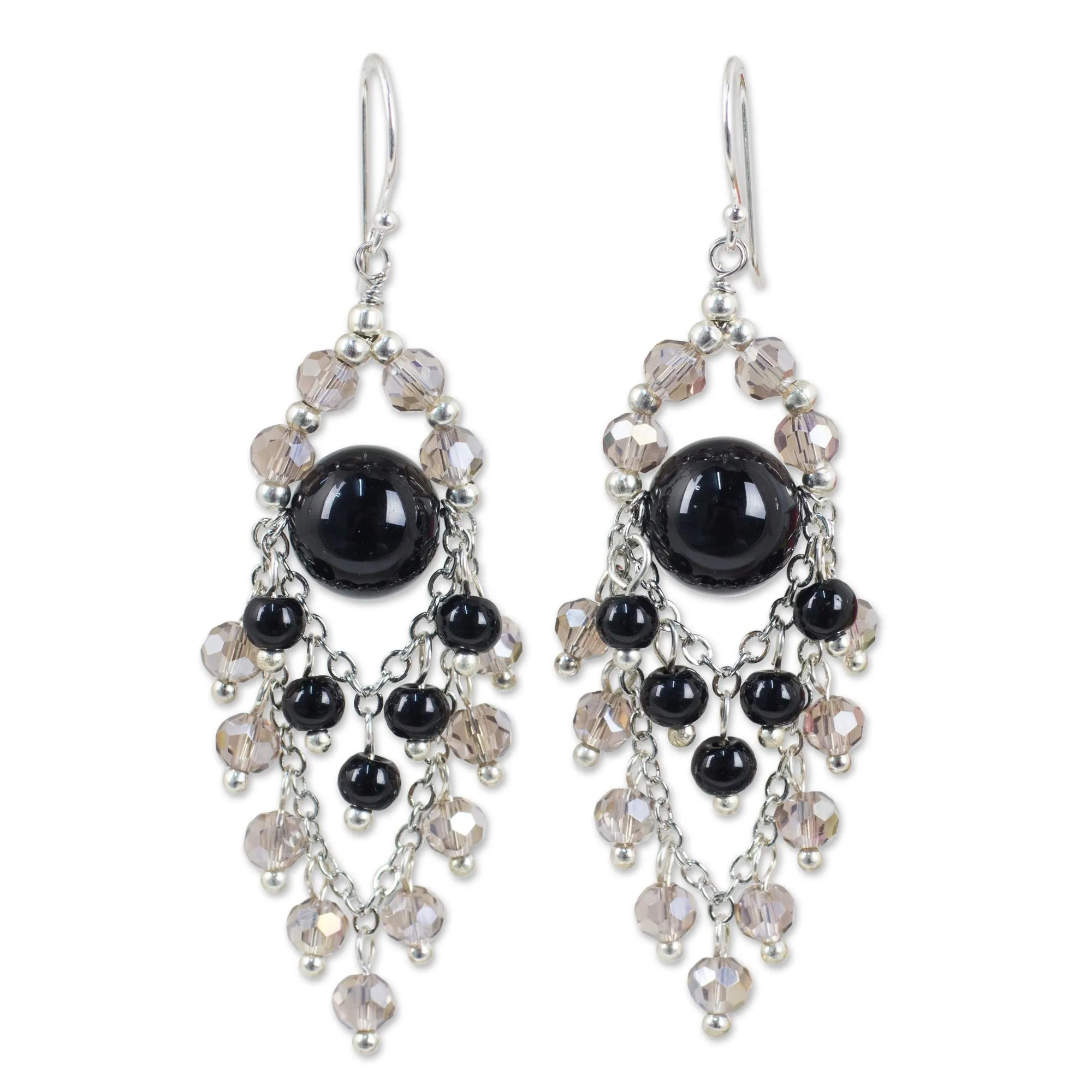 Brilliant Meteor Chandelier Style Earrings with Onyx and Glass Beads