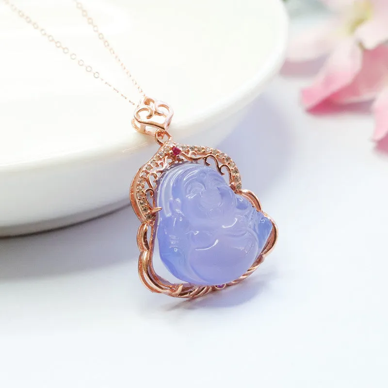 Buddha Pendant Necklace with Purple Chalcedony and Zircon Embellishments