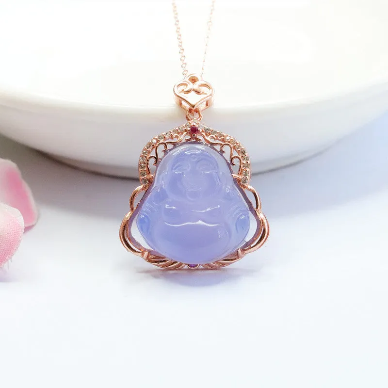 Buddha Pendant Necklace with Purple Chalcedony and Zircon Embellishments