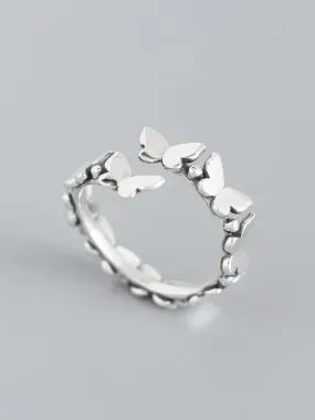 Butterfly Adjustable Ring, .925 Sterling Silver, Hypoallergenic, Waterproof Row of Butterflies Ring