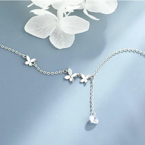 Butterfly with Round Zircon Tassle Silver Necklace for Women