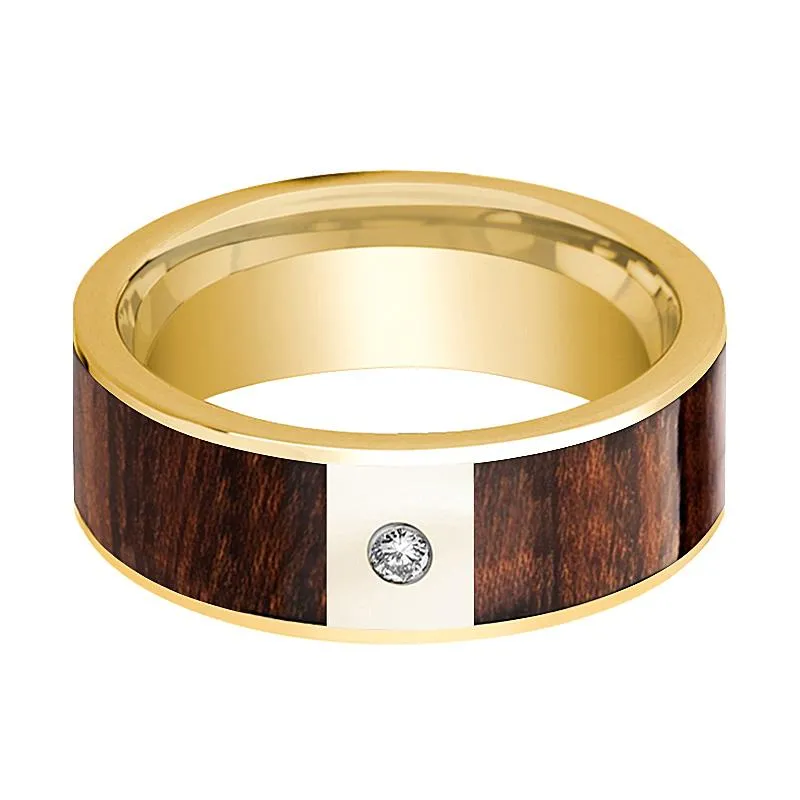 Carpathian Wood Inlaid Men's 14k Gold Wedding Band with White Diamond in Center - 8MM