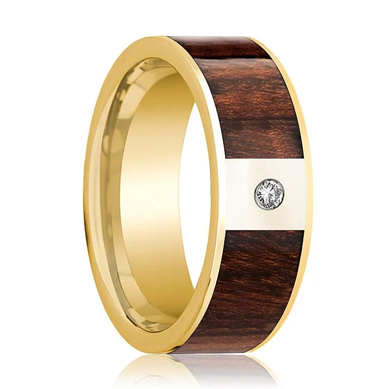 Carpathian Wood Inlaid Men's 14k Gold Wedding Band with White Diamond in Center - 8MM