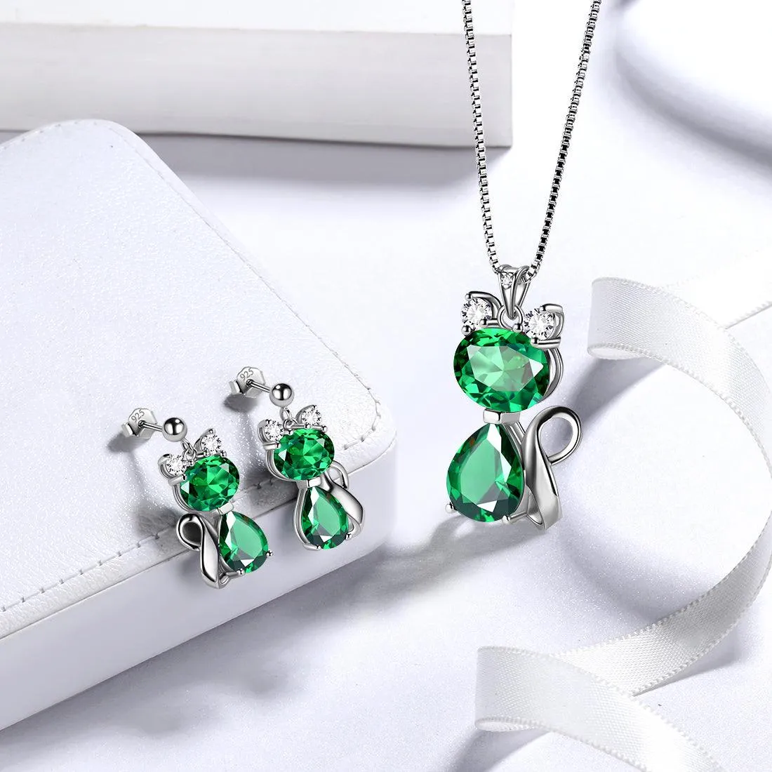 Cat Birthstone May Emerald Necklace Women Girls Jewelry Birthday Gift Sterling Silver