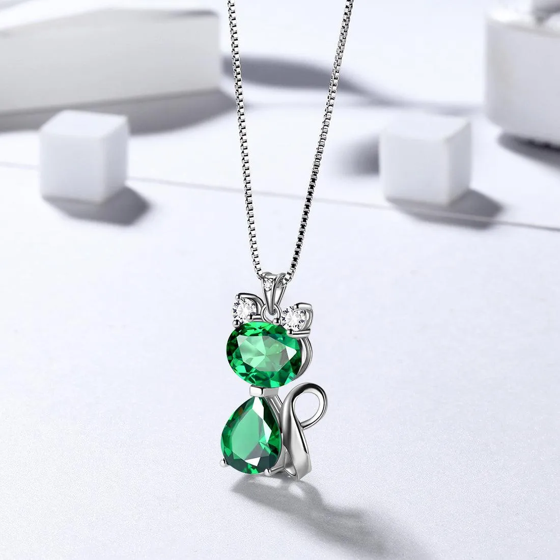 Cat Birthstone May Emerald Necklace Women Girls Jewelry Birthday Gift Sterling Silver