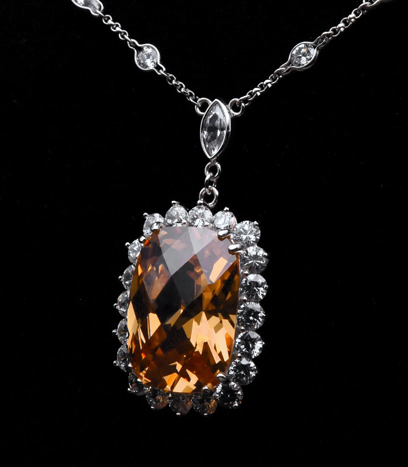 Charles Winston - Vintage Cubic Zirconia Sterling Silver Pendant Station Chain Necklace