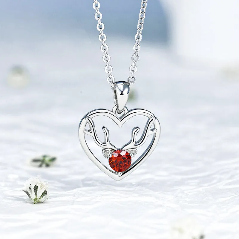 Christmas Deer Heart Shape Pendant Round Red Zircon Sterling Silver Necklace