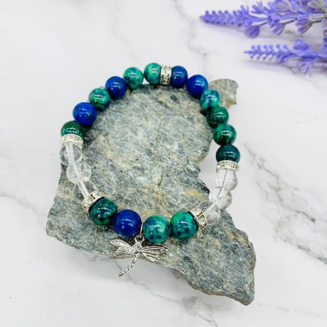 Chrysocolla  Bracelet with Butterfly Charms, Malachite, Azurite Bracelet, High Quality Crystal Jewelry, 8mm Beads, Gift for Her,