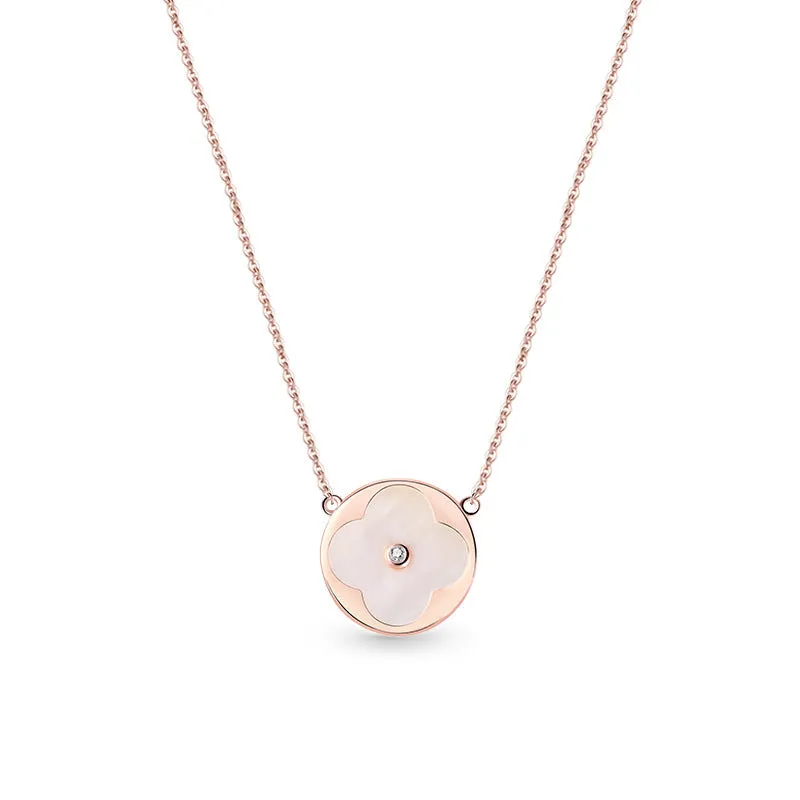 Circle Mother of Pearl Four Leaf Clover Silver Necklace