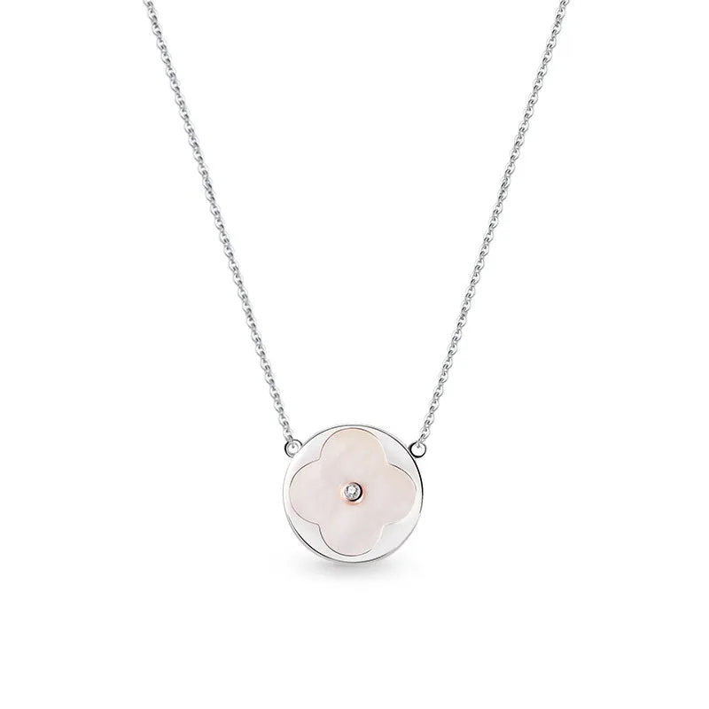 Circle Mother of Pearl Four Leaf Clover Silver Necklace