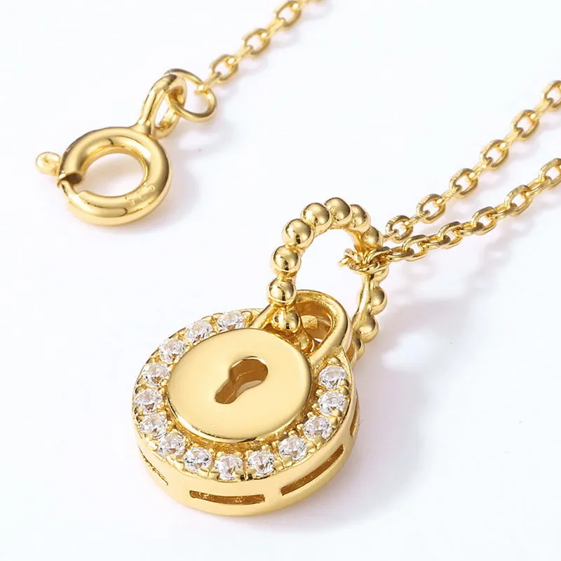 Circular Lock Pendant Zircon Sterling Silver Necklace