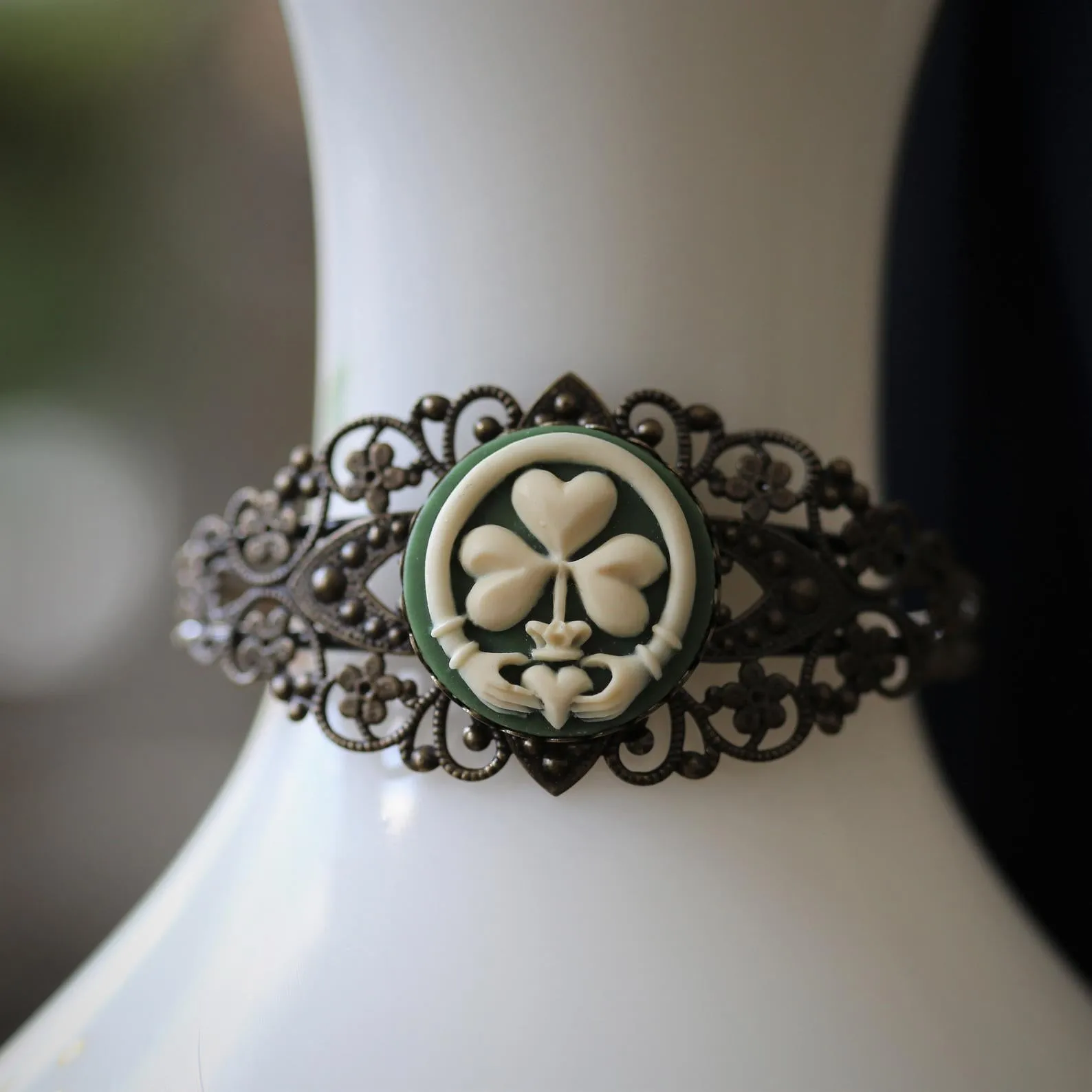 Claddagh Cameo Cuff Bracelet - Green or Black