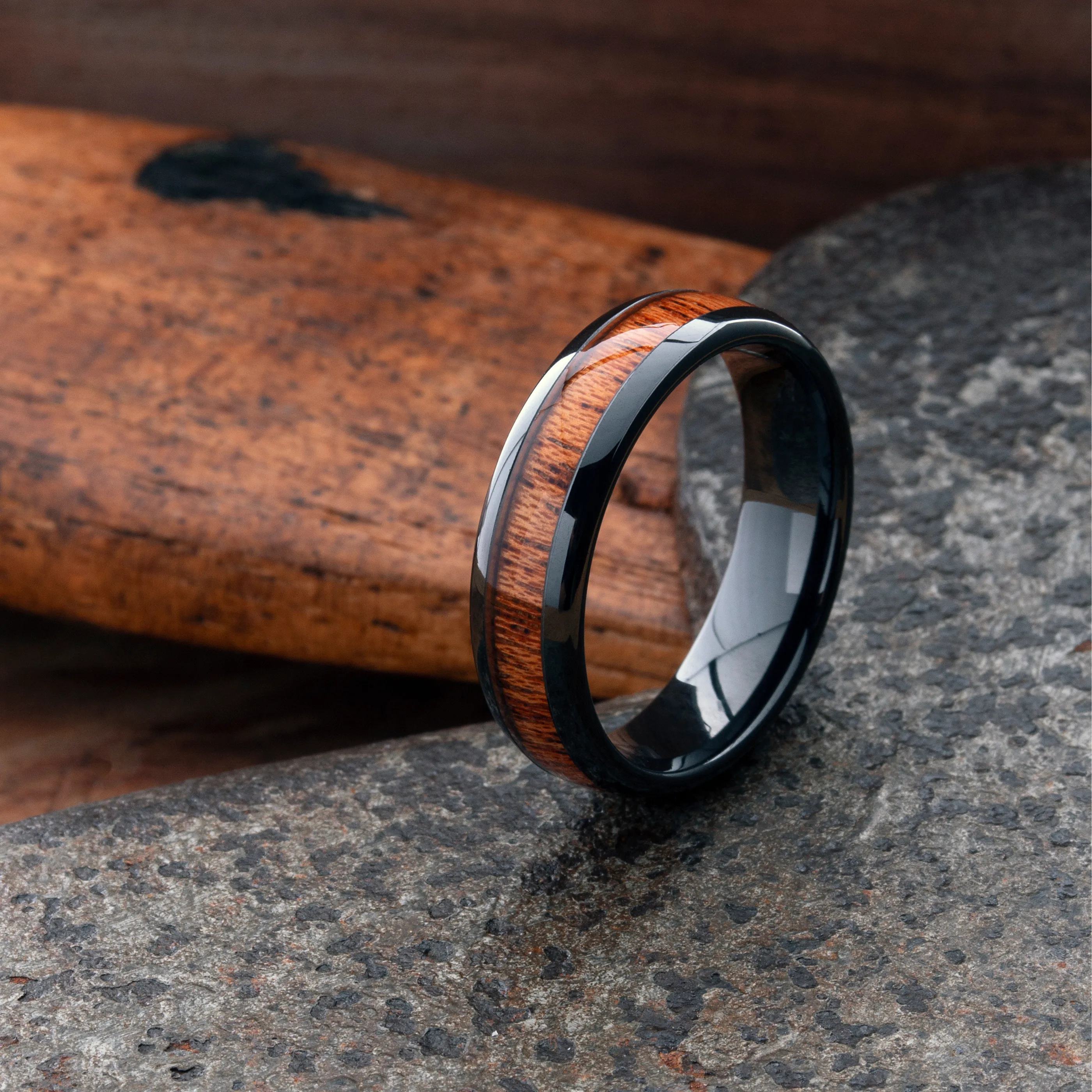 Classic Black - Polished Zirconium Wooden Ring (6mm Width)