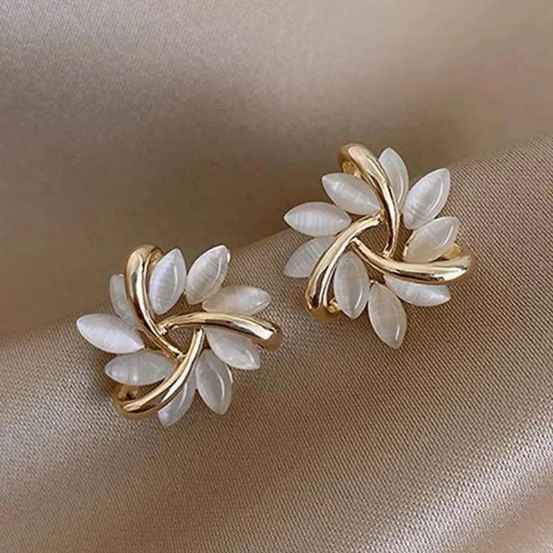 Classic Opal Flower Leave Stud Earrings -S4837367