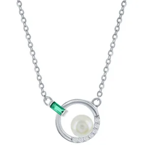 Classic Women's Necklace - Silver Emerald Baguette CZ Round Circle and FWP | M-6873