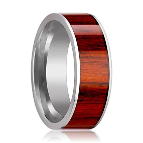 CLAYMORE | Silver Tungsten Ring, Exotic Padauk Wood Inlay, Flat