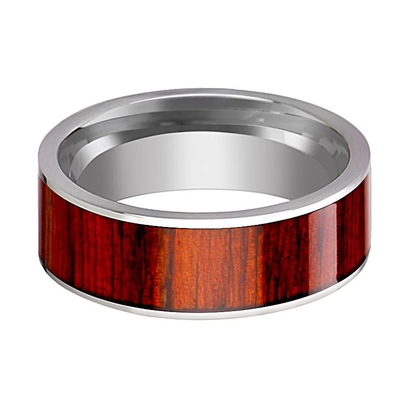 CLAYMORE | Silver Tungsten Ring, Exotic Padauk Wood Inlay, Flat