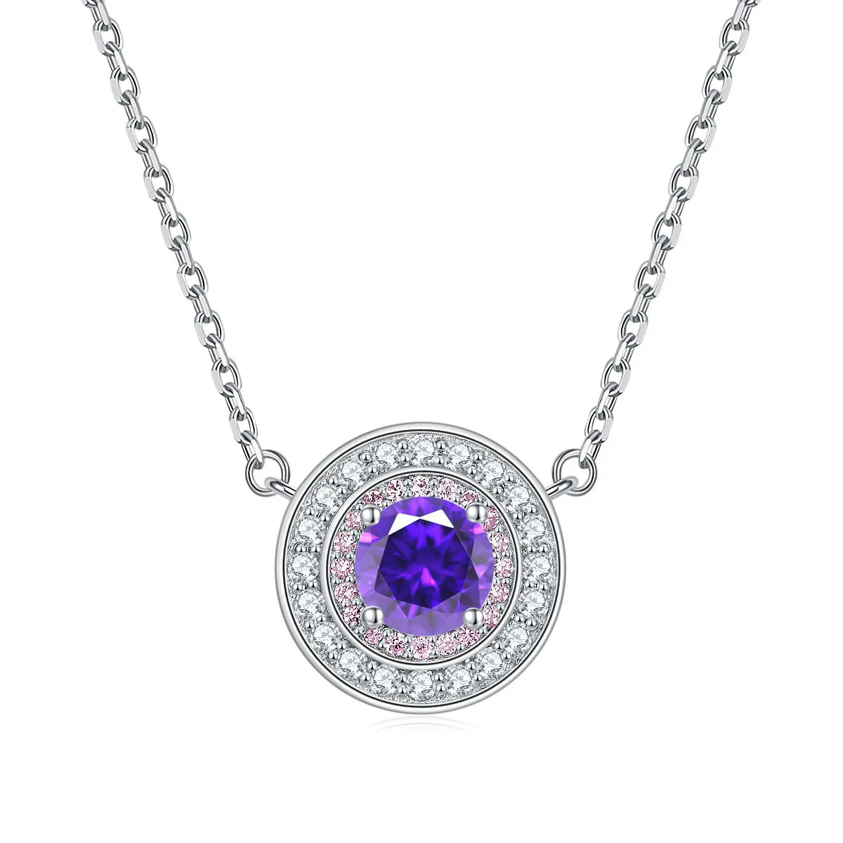 Colourful Round Zircon Soleste Halo Pendant Silver Necklace for Women