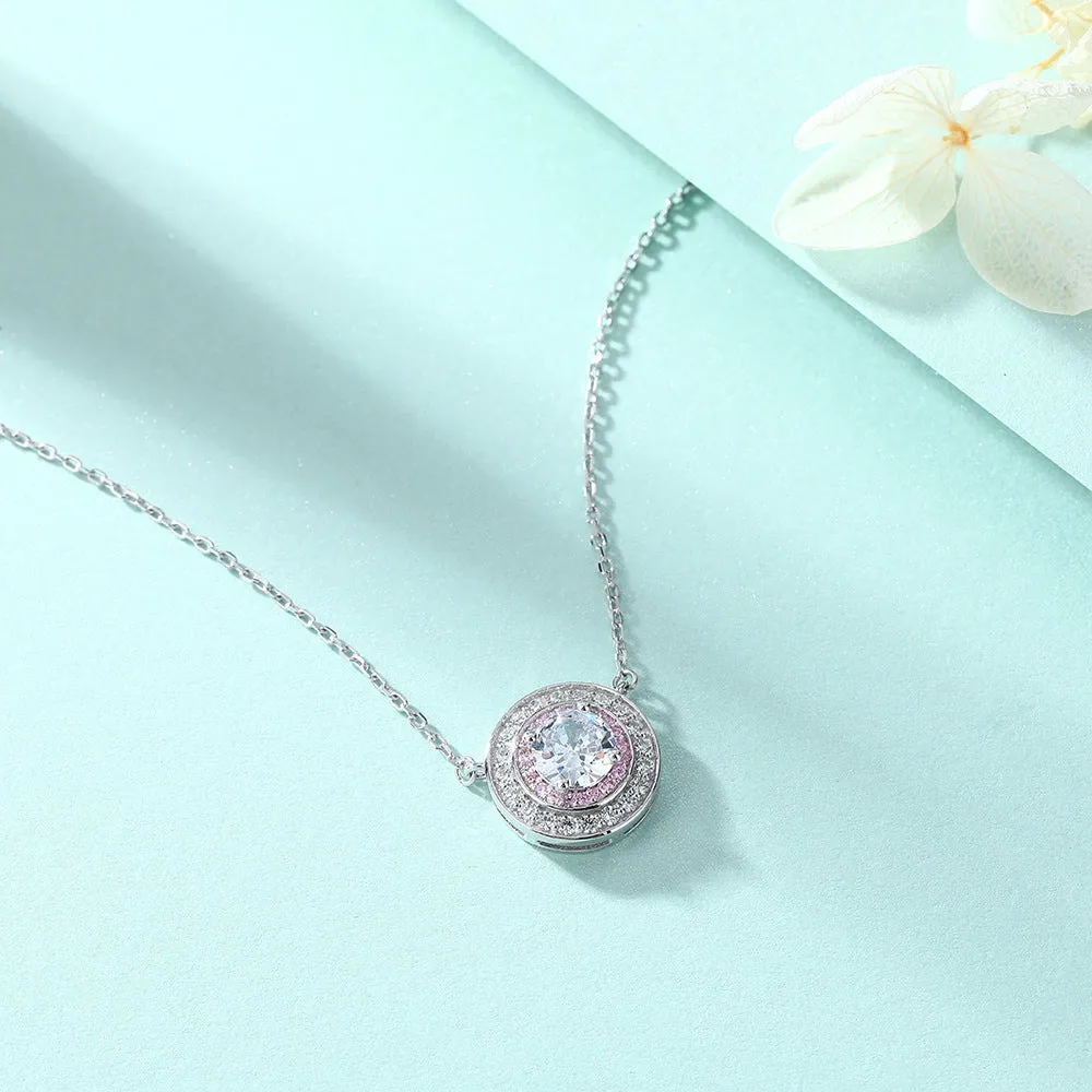 Colourful Round Zircon Soleste Halo Pendant Silver Necklace for Women