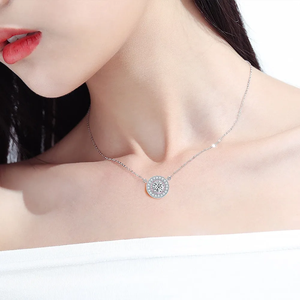 Colourful Round Zircon Soleste Halo Pendant Silver Necklace for Women