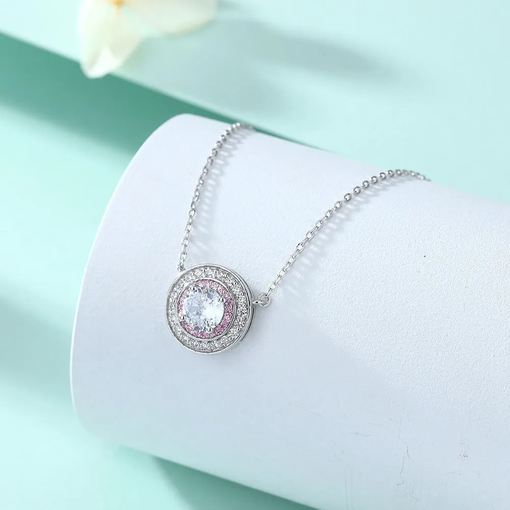 Colourful Round Zircon Soleste Halo Pendant Silver Necklace for Women