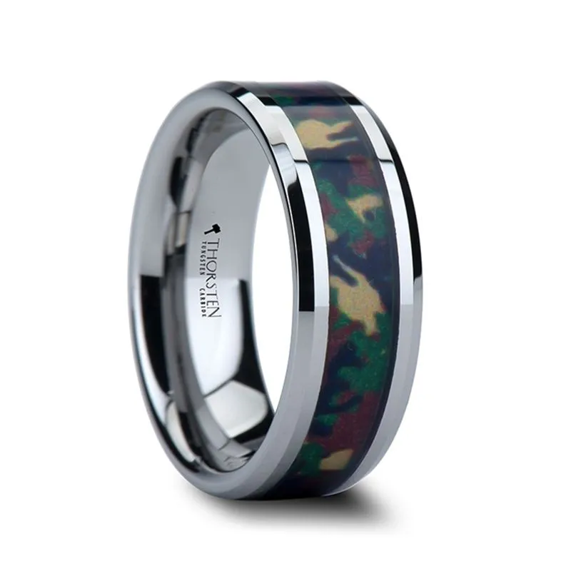 COMMANDO | Silver Tungsten Ring, Military Style Jungle Camouflage, Beveled