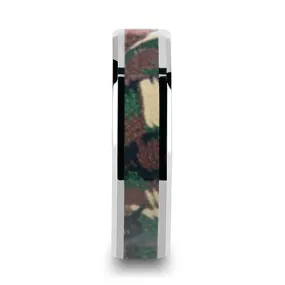 COMMANDO | Silver Tungsten Ring, Military Style Jungle Camouflage, Beveled