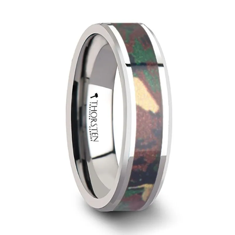 COMMANDO | Silver Tungsten Ring, Military Style Jungle Camouflage, Beveled