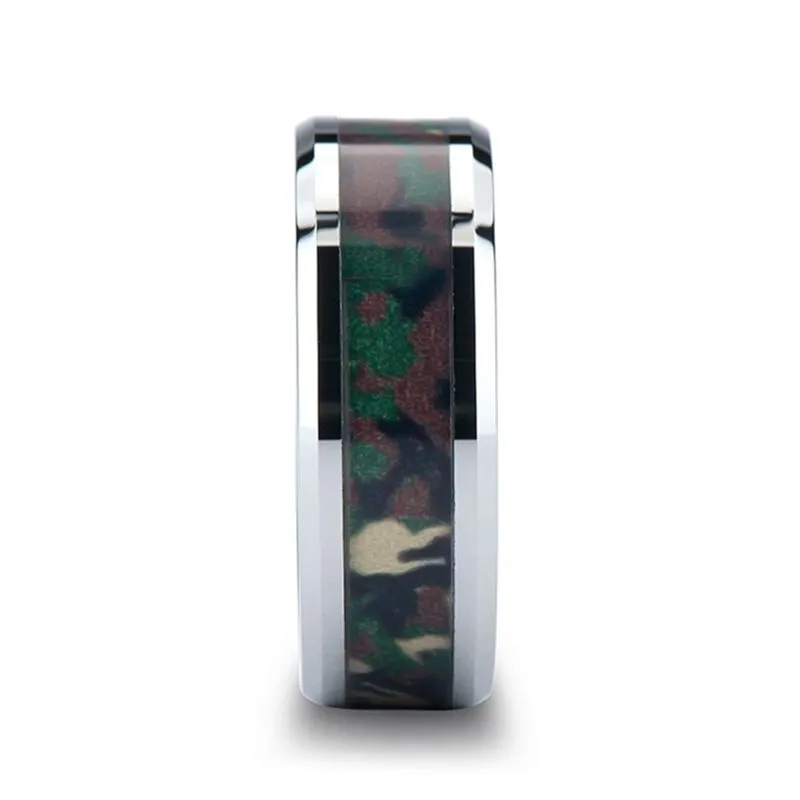 COMMANDO | Silver Tungsten Ring, Military Style Jungle Camouflage, Beveled