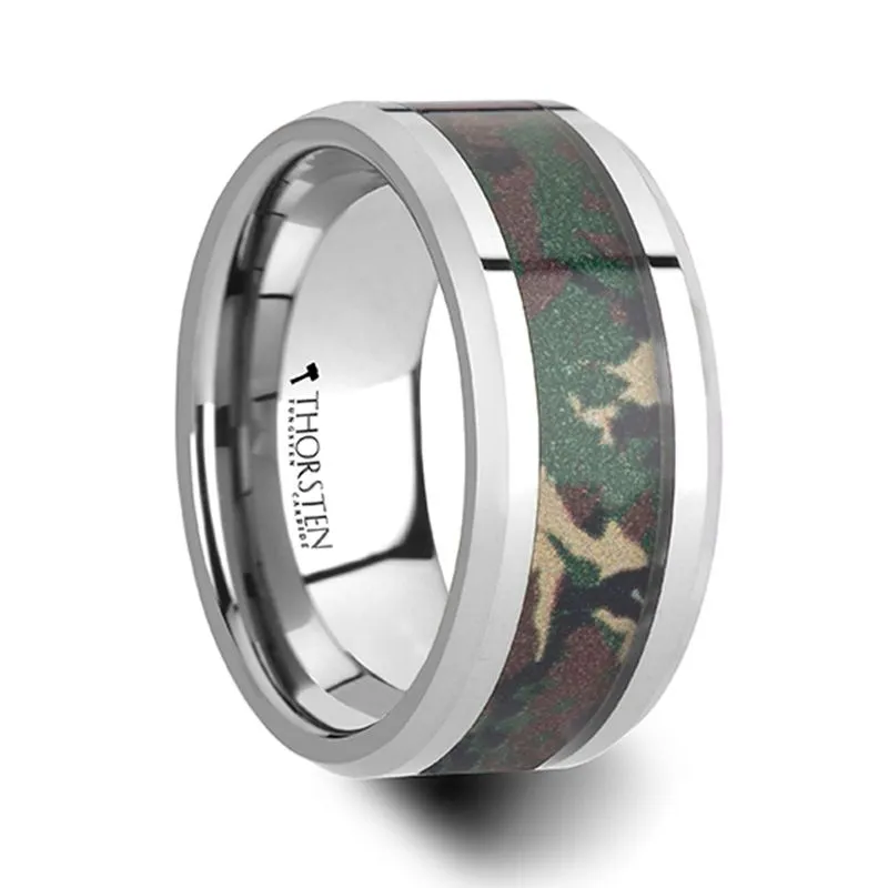 COMMANDO | Silver Tungsten Ring, Military Style Jungle Camouflage, Beveled