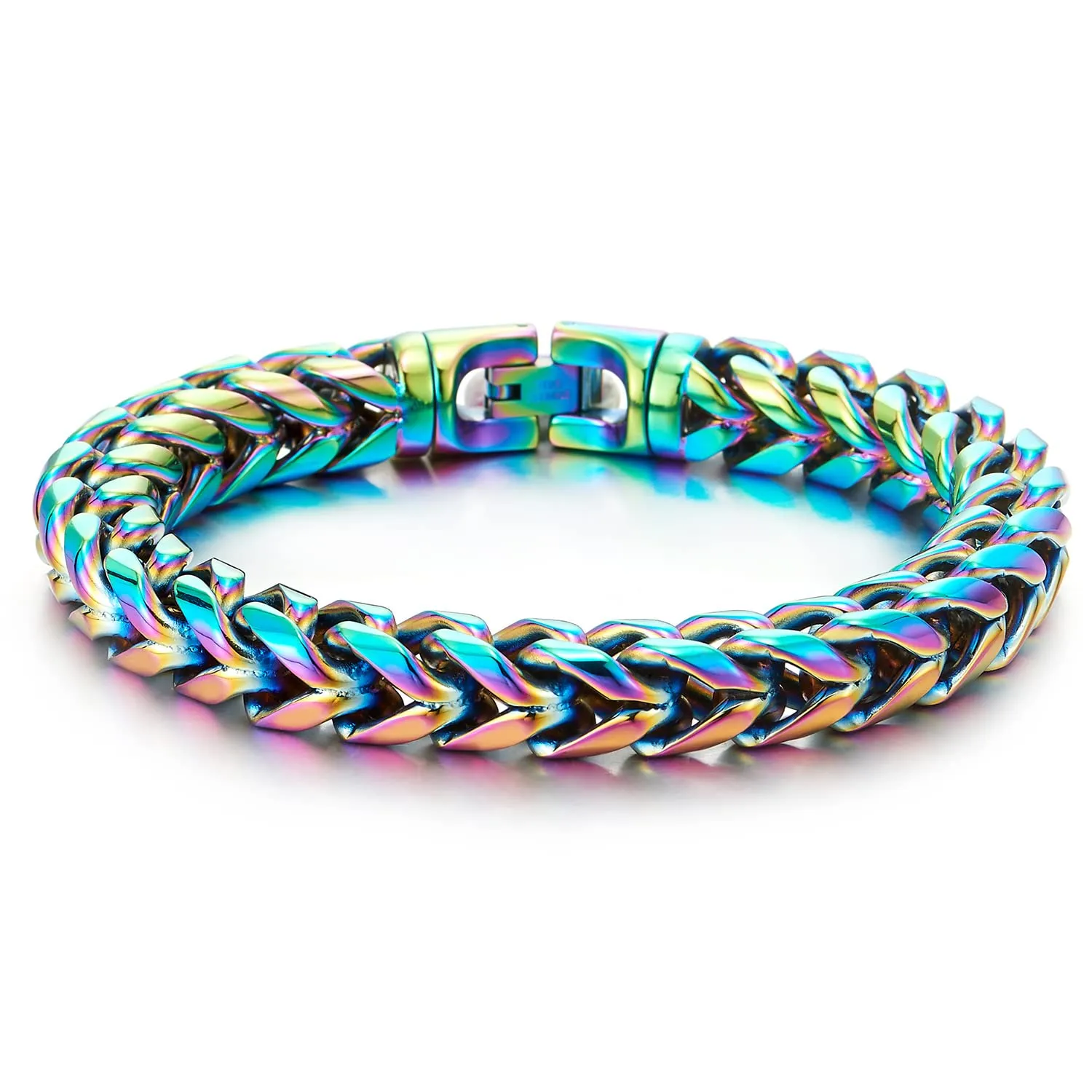 COOLSTEELANDBEYOND Mens Women Steel Franco Link Curb Chain Bracelet, Oxidized Rainbow, Minimalist, Rock Punk