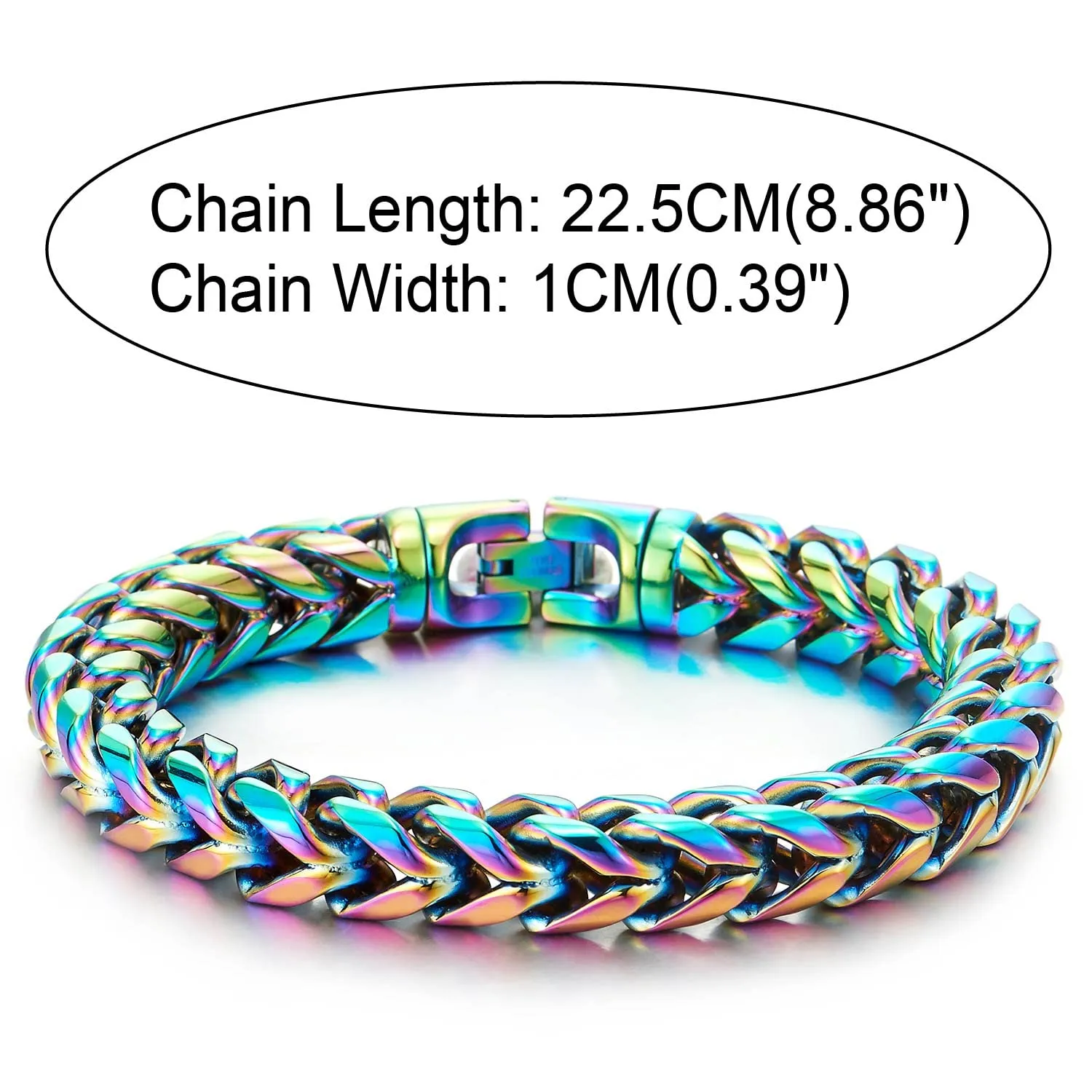 COOLSTEELANDBEYOND Mens Women Steel Franco Link Curb Chain Bracelet, Oxidized Rainbow, Minimalist, Rock Punk