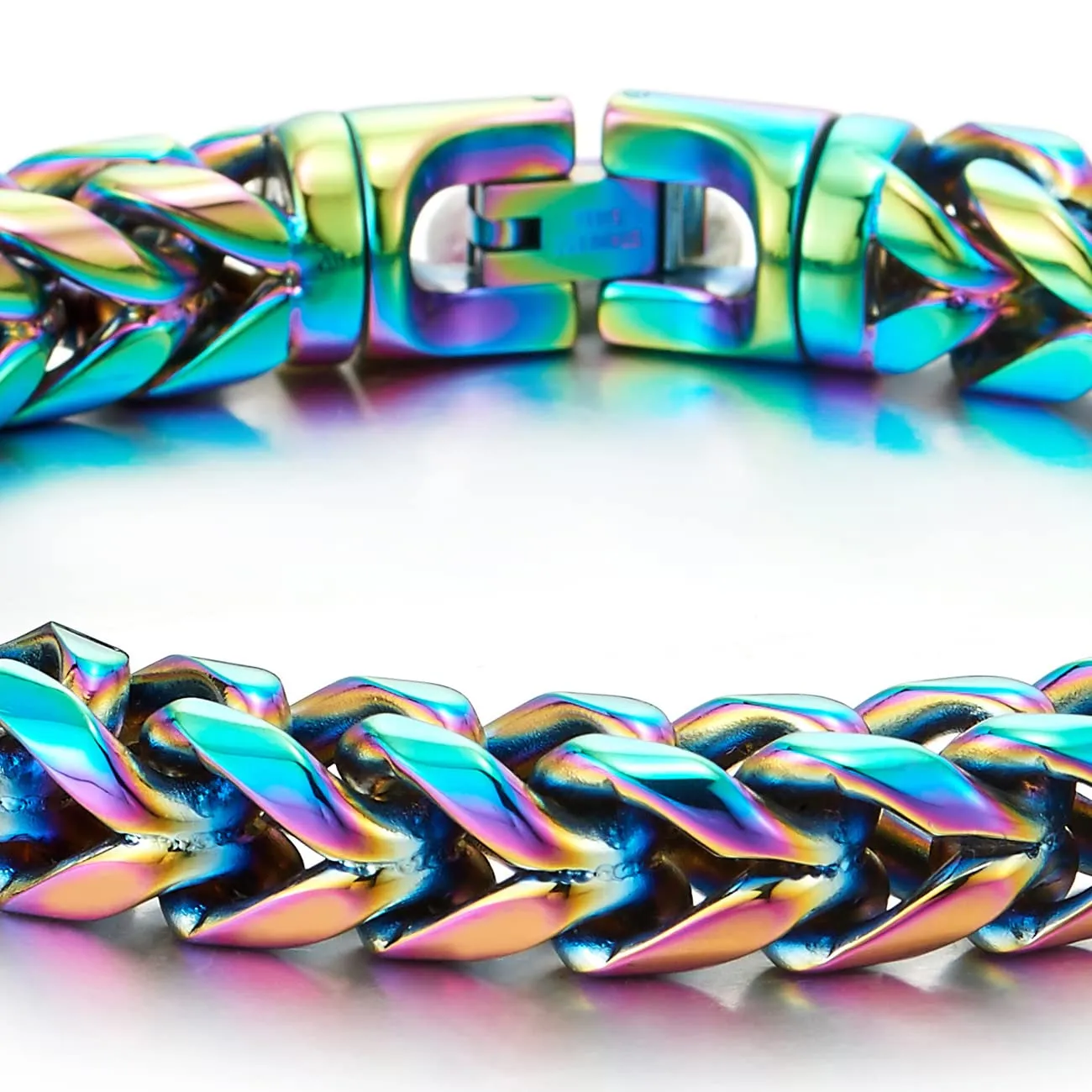 COOLSTEELANDBEYOND Mens Women Steel Franco Link Curb Chain Bracelet, Oxidized Rainbow, Minimalist, Rock Punk