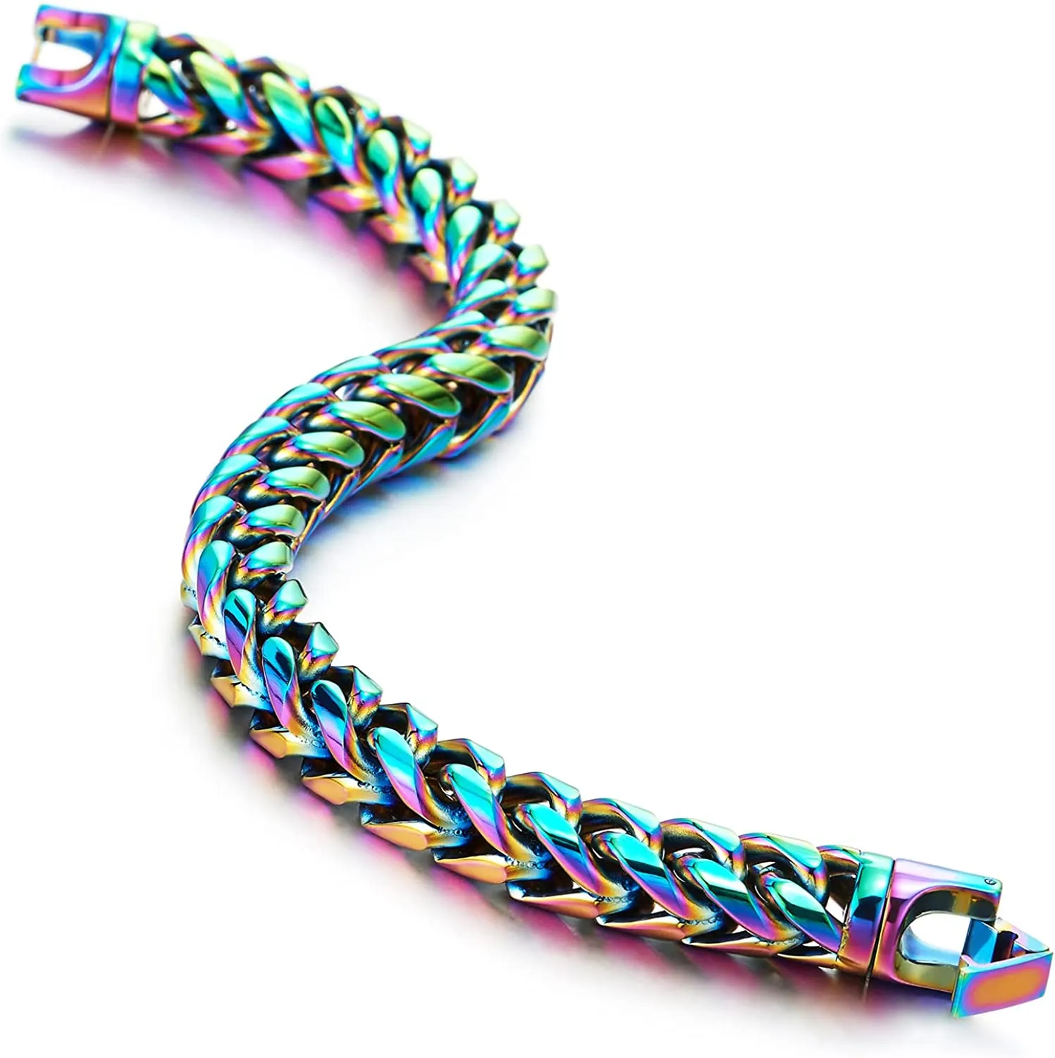 COOLSTEELANDBEYOND Mens Women Steel Franco Link Curb Chain Bracelet, Oxidized Rainbow, Minimalist, Rock Punk