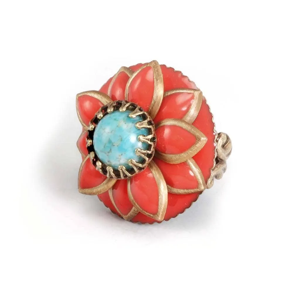 Coral and Turquoise Starflower Ring